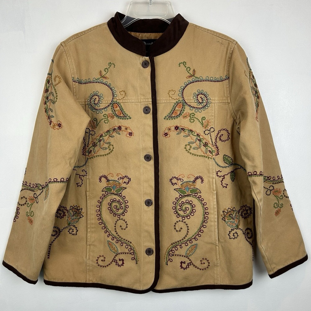 Denim Co Jacket Womens Medium Floral Embroidered Beige Button Lined Old Money